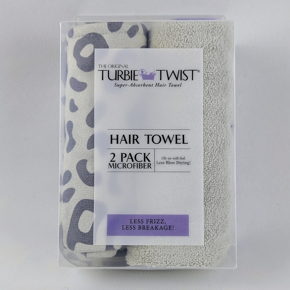 Turbie Twist Hair Towel Set Of Two Microfiber Leopard Print Solid Light Grey NWT - Picture 1 of 10
